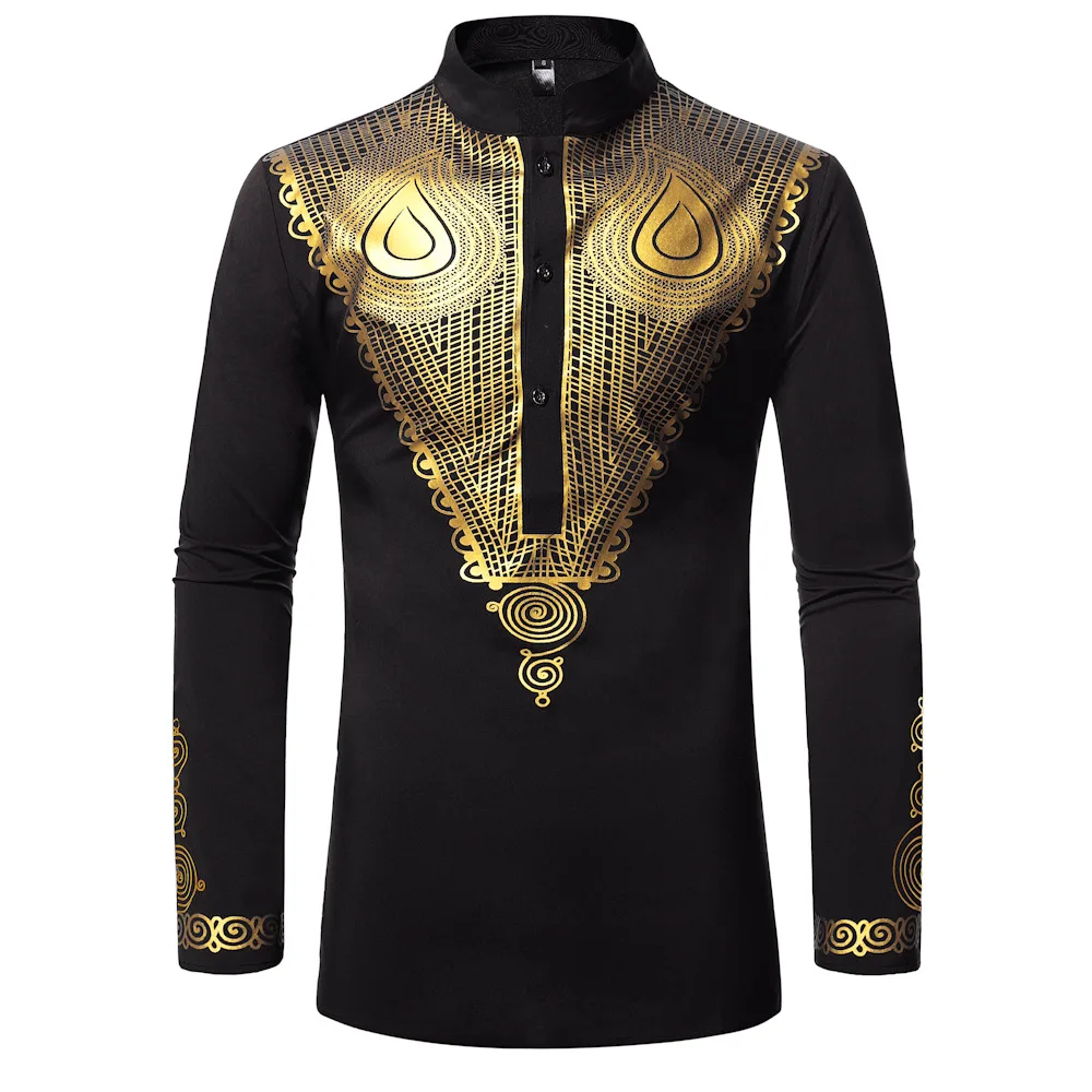 

Men's African Style Ethnic Shirt Traditional Tribal Printed Stand Collar Robe Turkish Long Sleeve Dashiki Tops
