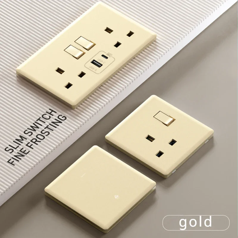 Gold UK 13A with USB C 18W 3.1A  Fast Charging Socket with USB Port. Wall Power Switch Socket, 1gang3way Intermediate Switch