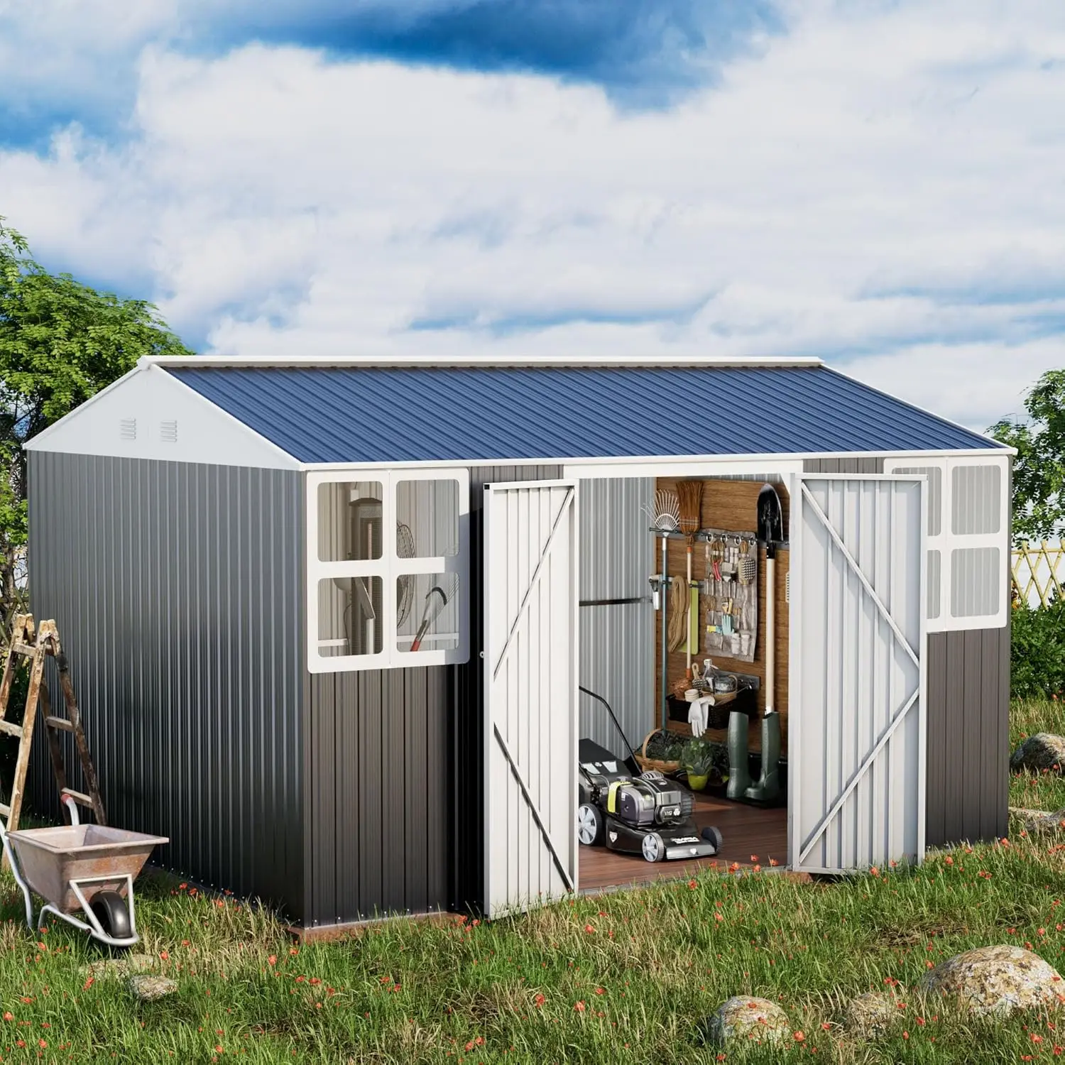 

12x10 FT Metal Shed Heavy-Duty, Outdoor Storage Garden Sheds with Reinforced Steel Frame & Customizable Skylight,, Customized