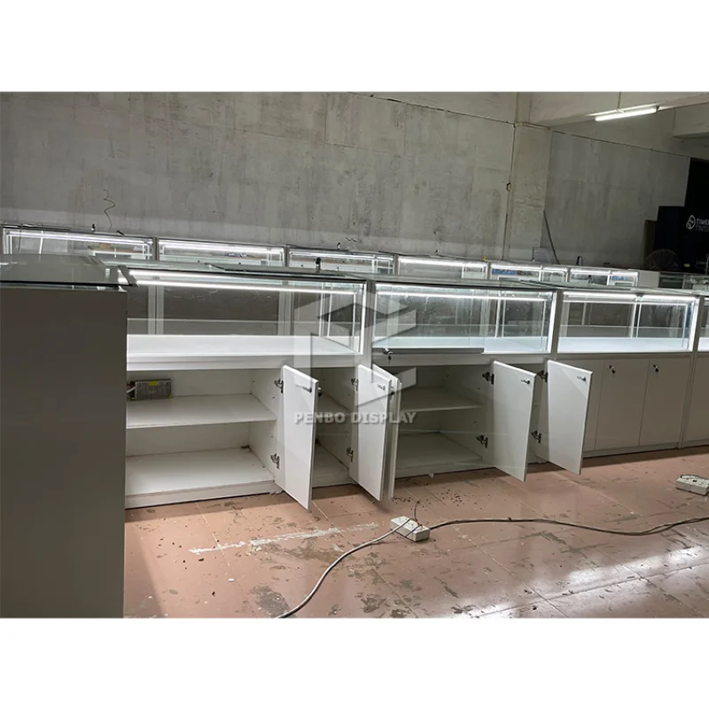 2025 맞춤형 화이트 유리 쥬얼리 쇼케이스 디스플레이 캐비닛, 조명 포함