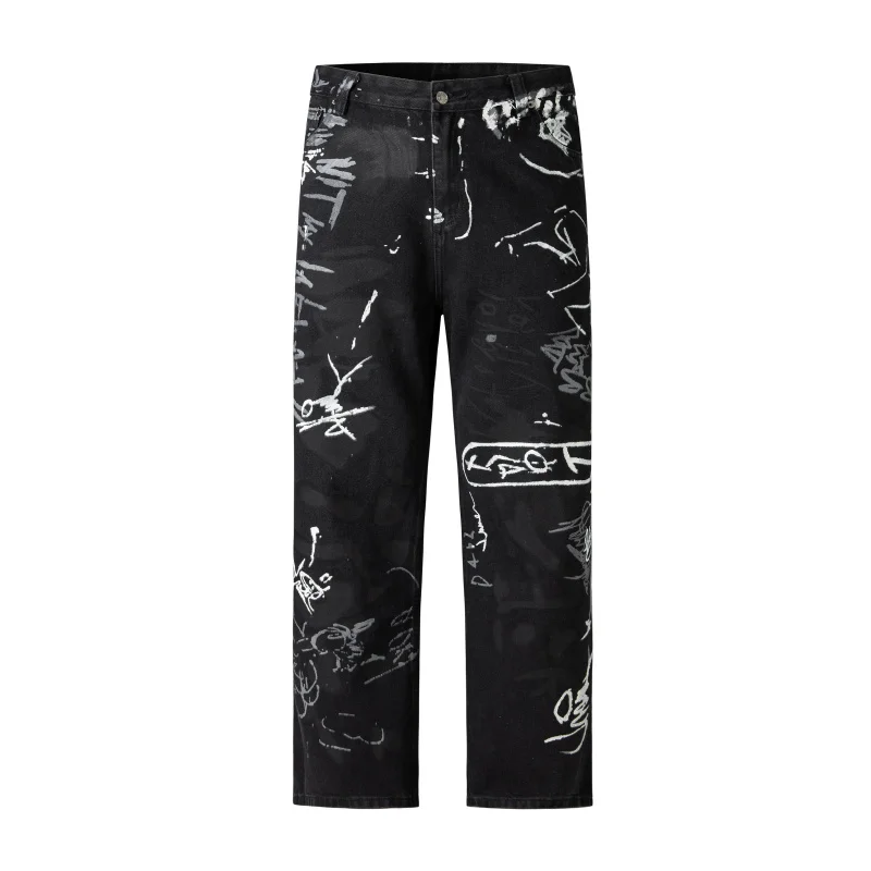

2024New Hip Hop American Street Inkjet Graffiti Printing Jeans Men's High Street Special-Interest Design Loose Straight Trousers