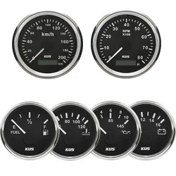KUS 6 Gauge Set 85mm 0-200kmh GPS Speedometer Tachometer + 52mm Water Temp Oil Pressure Fuel Level Meter Voltmeter for Car Boat