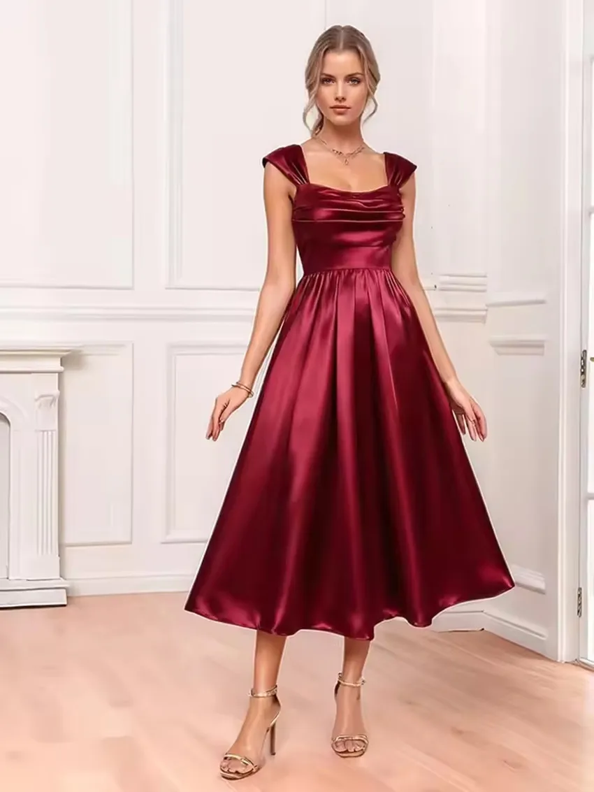 

Атласное платье для выпускного вечера по индивидуальному заказу для женщин, простое вечернее платье миди с открытой спиной, элегантное плиссированное вечернее платье чайной длины