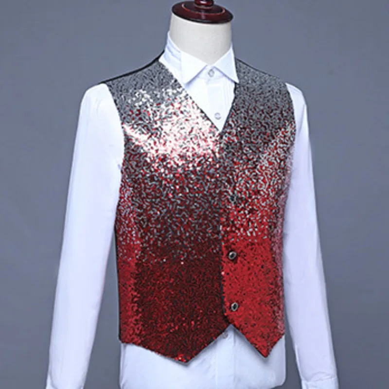 

#4810 Gradient Color Sequins Vests Men Shinny Vests Male Dance Stage Singer Vests For Men Slim Men's Vest Sleeveless Vest Male