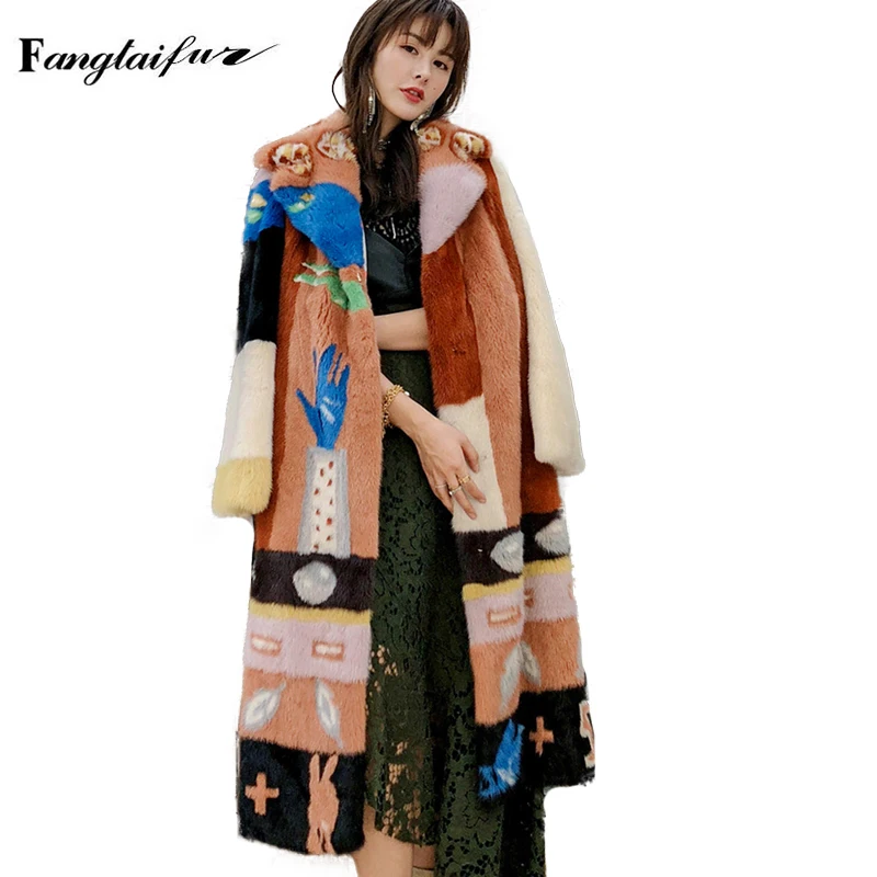 Ftangaiur Winter Import Velvet Mink Fur Coat Patchwork ColorTurn-Down Collar Mink Coat Women Long Natural Real Mink Fur Coats