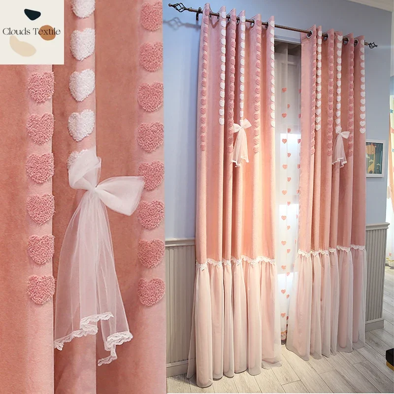 

Children's Bedroom Warm Girl Heart Princess Korean Curtains for Living Dining Room Newly Married Pink High Blackout Customize