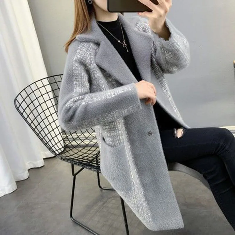 Imitation Mink Fleece Jacket Women’s Coat 2022 Autumn Winter New Mid Long thicken Warm Coat Suit Collar Leisure Coat Female Tops