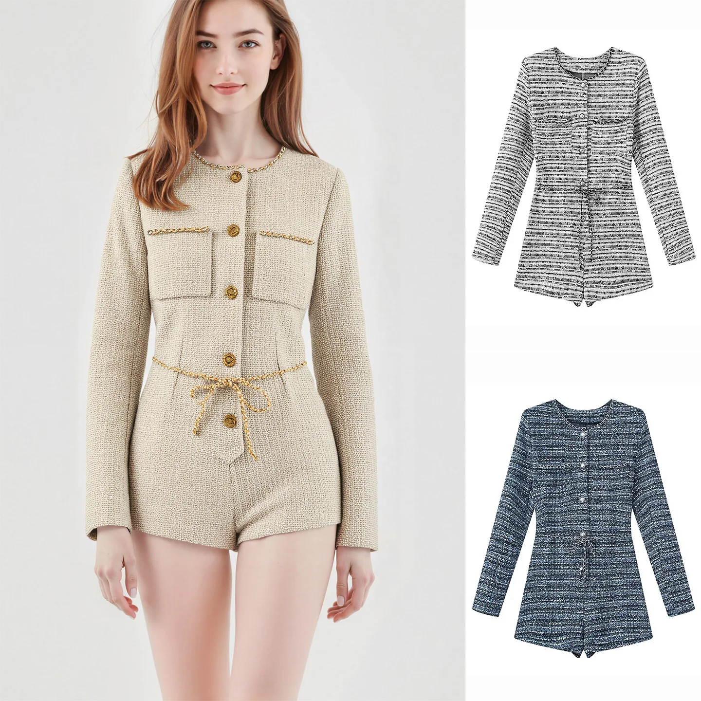 

Spring New Women's Slim Fit ort Rer Long Sve round Ne Piece Pants High Waist Straight Leg Polyester Fiber