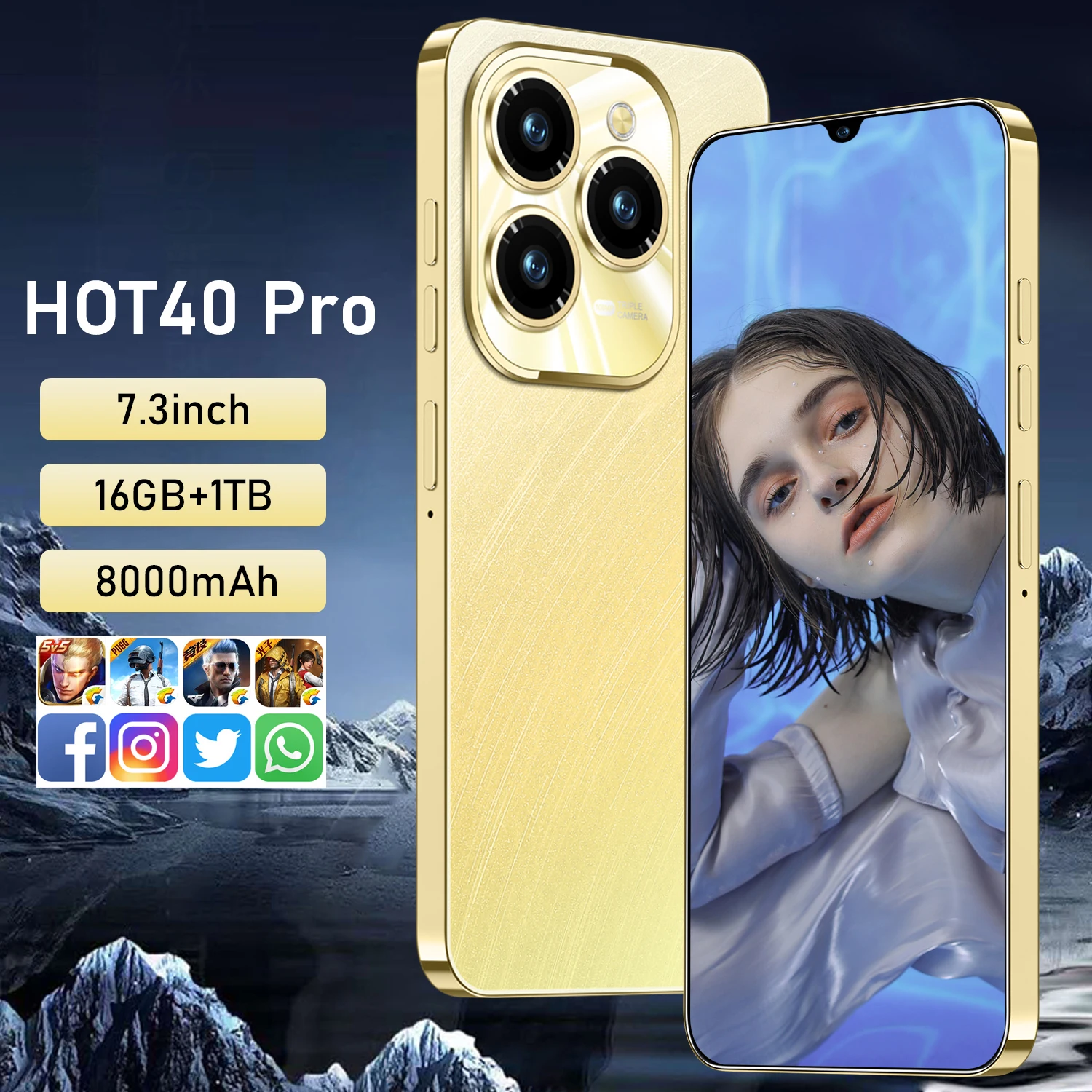 Original HOT40 Pro Smartphone 5G Dual SIM Android 7.3 inch Drop screen 72+108 million HD  cameras Mobile Phones Global Version