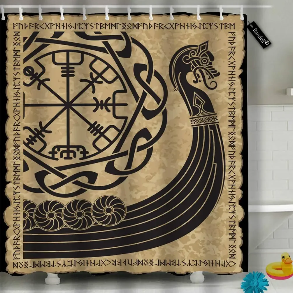 Viking Shower Curtain Vintage Warship of The Vikings Drakkar Ancient Scandinavian and Norse Runes Bathroom Decor Set Accessories