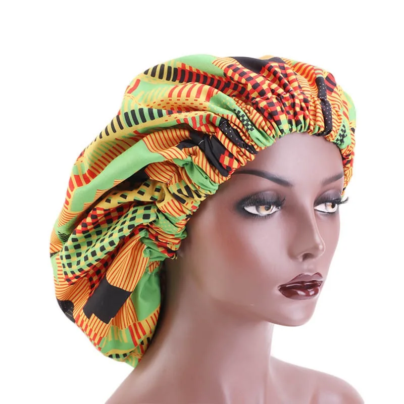 New African Pattern Print Adjustable Bonnet Women Day Night Sleep Cap Double Layer Satin Turban Extra Large Lady Head Wrap Hat