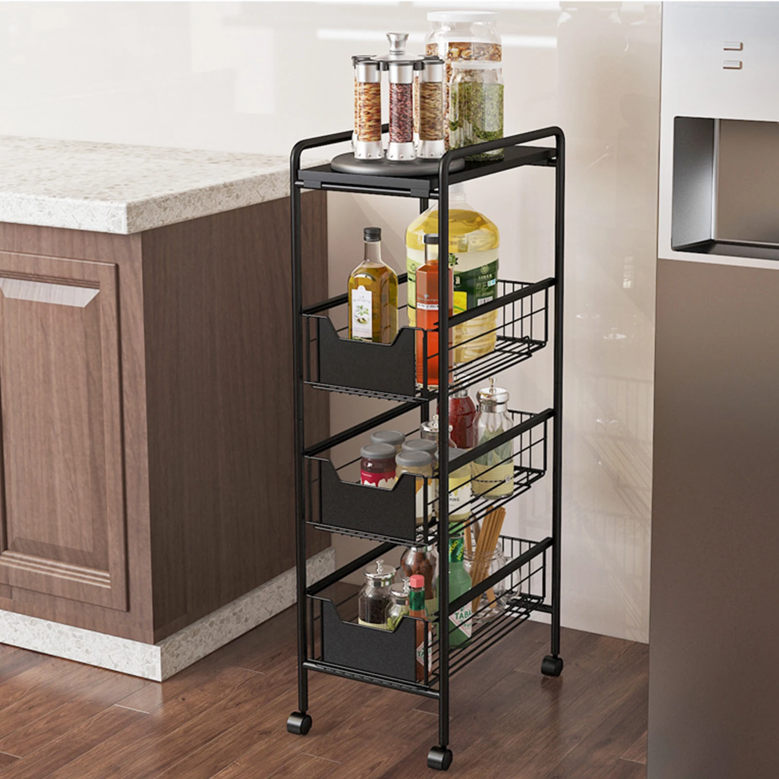 4-Tier Metal Kitchen Slim Utility Cart Trolley Storage Shelf + Slide-Out Drawers