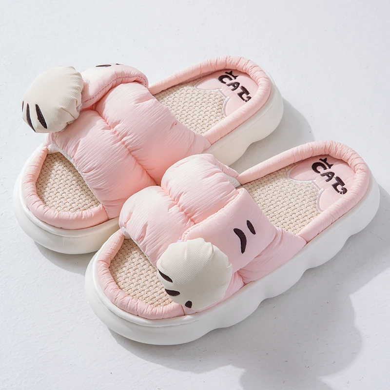 Casual Platform Slippers Women Home Cute Cartoon Cat Designer Shoes Girls Linen Fashion Popular Elegant House Slippers Open Toe