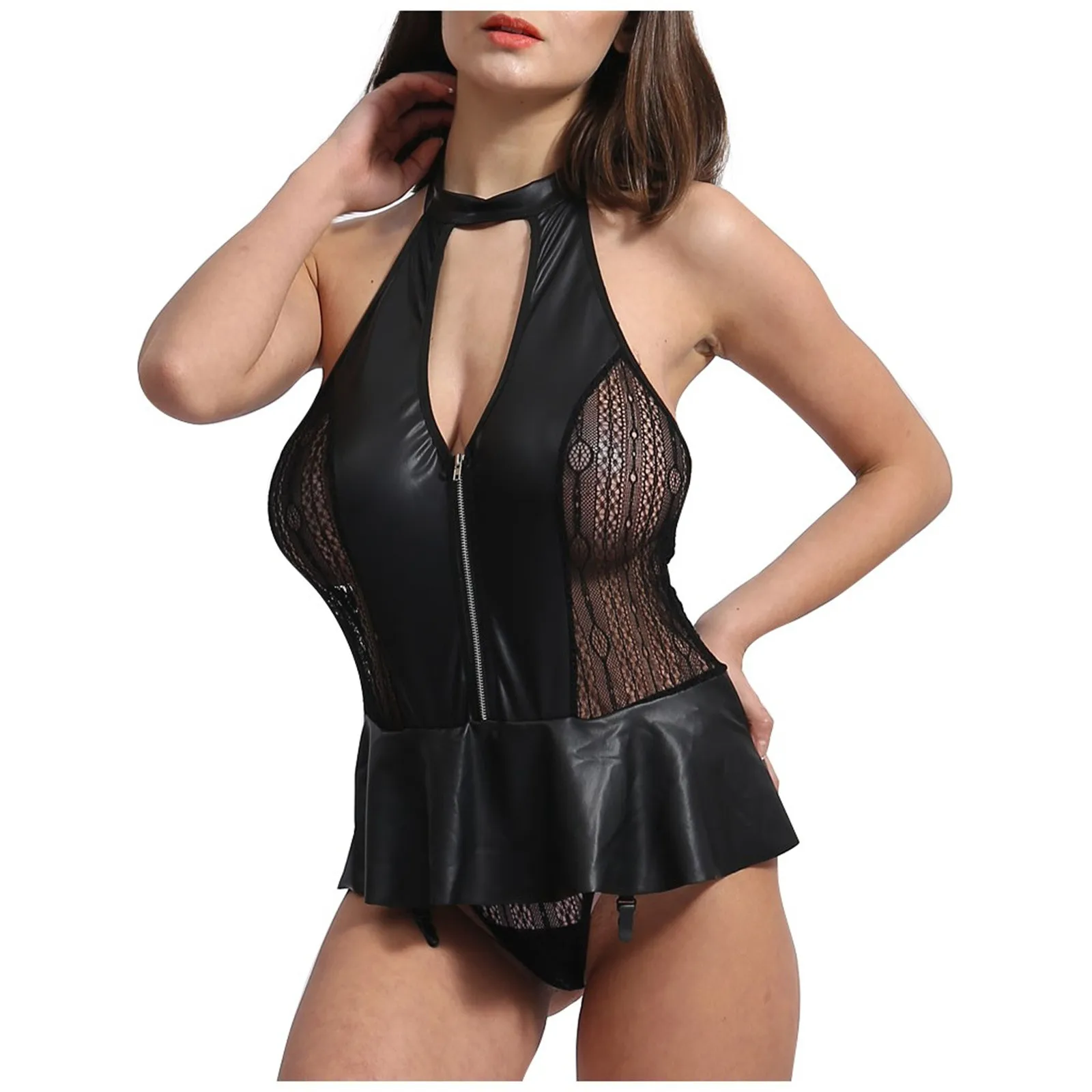 

Sexy Leath Jumpsuit Bodysuit Teddy Underwear Sleepwear Lingerie Zipper Hollow Halter Erotic Bodysuit Underwear Exotic Intimate