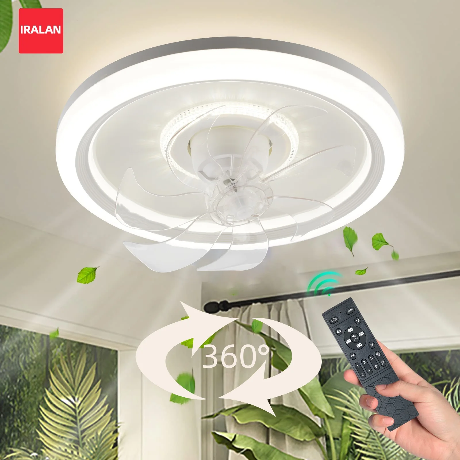 IRALAN Simple 360° Rotation Ceiling Lamp Fan Modern Smart Ceiling Fan with Light Room Home Fan Remote Control Dimmable LED Light