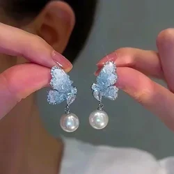 2024 New Pearl Pendant Blue Crystal Zircon Butterfly Stud Earrings for Women Fashion Trend Personality Sweet Girls Jewelry Gift