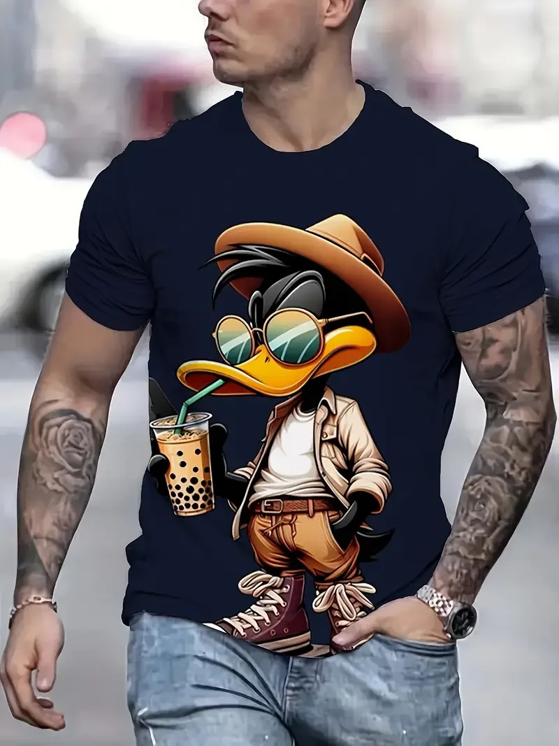 fun cartoon duck drinking milk tea 3D printed Men's T-shirt fashion casual round neck short sleeved sports casual men's clothing