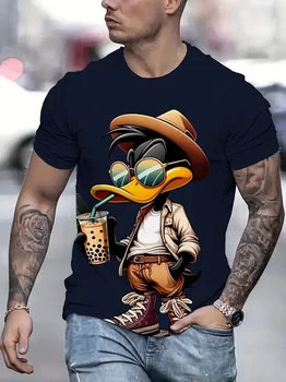 Eğlenceli karikatür ördek içme süt çay 3D baskılı erkek tişört moda rahat yuvarlak boyun kısa kollu spor rahat erkek giyim