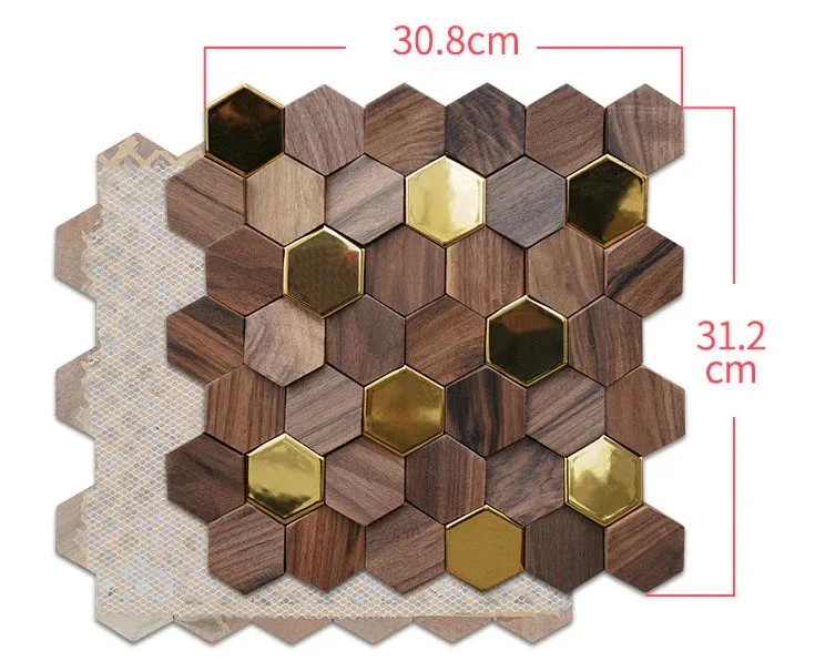 Hexagon North American Black Walnut Solid Wood Mix Gold Metal Mosaic Backsplash Tile NWMT09052