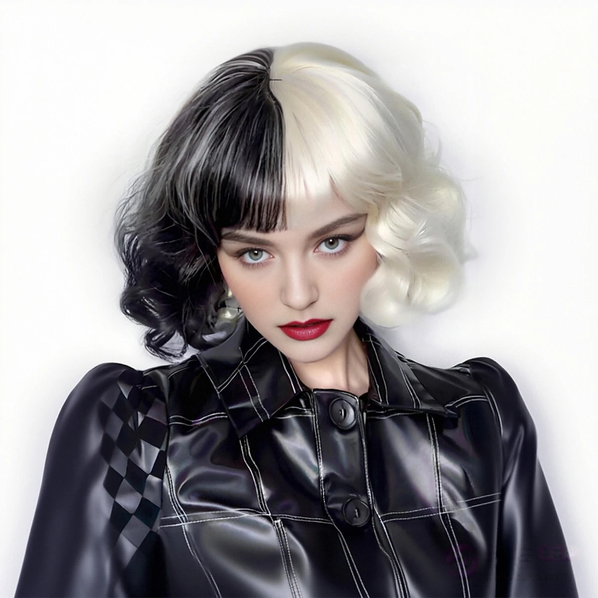 Anxin Brand Synthetic Fiber Wig: Black and White Contrasting Short Curly Hair, High-Temperature Fiber Retro European and American Style Bob, Wig for Party, Dance, Cosplay, and Photography Styling