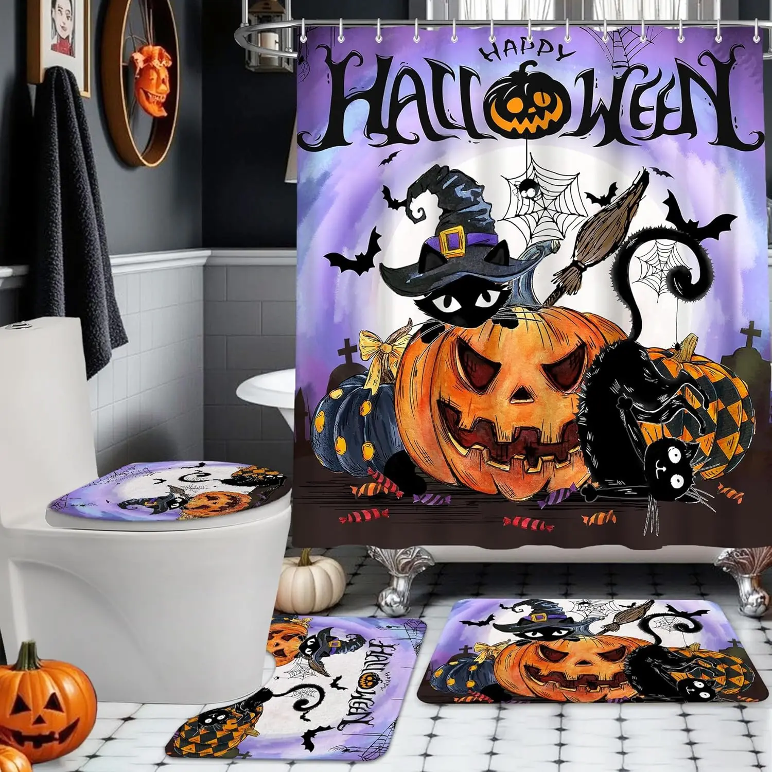 

Набор занавесок для душа на Хэллоуин, набор для декора ванной комнаты на Хэллоуин с душем и ковриками, жуткие шторы для декора ванной комнаты, наборы 4 шт.