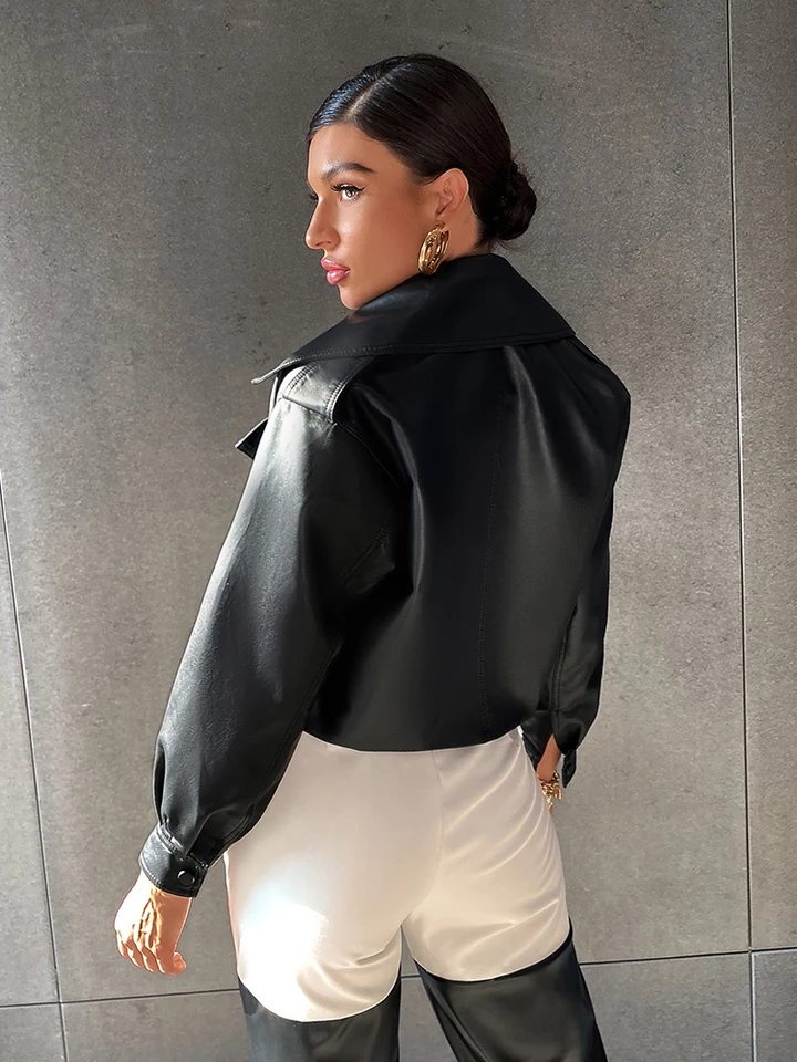 FTLZZ Spring Autumn Women Soft Faux Leather Short Jacket High