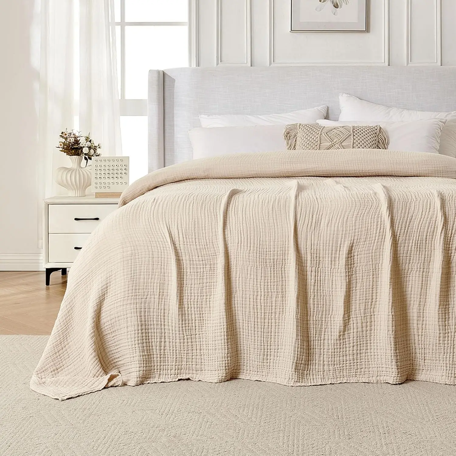 

100% Cotton Muslin Throw Blanket for Couch, Bed, Sofa - Lightweight, Breathable, All-Season Luxury Gift in Light Tan