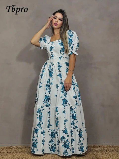 Vestidos largos estampados A la moda para mujer elegante vestido de manga corta acampanado con cuello cuadrado ropa dulce de calle 2023 AliExpress