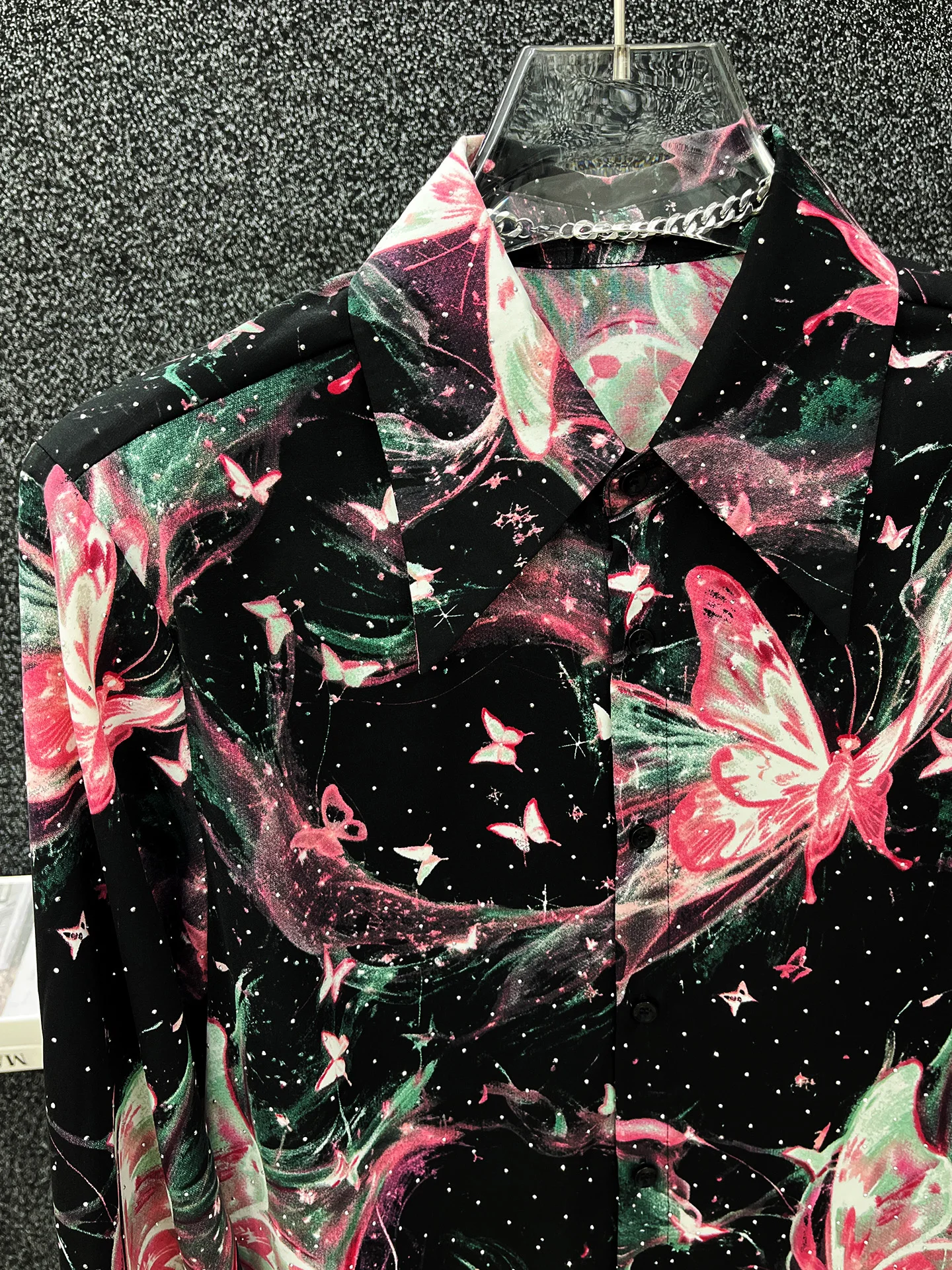 Butterfly Jacquard Shirts Men's 2025 Summer New Chiffon Shoulder Pad Trendy Loose Long Sleeve Tops Starry Sky Hot Diamond Shirt