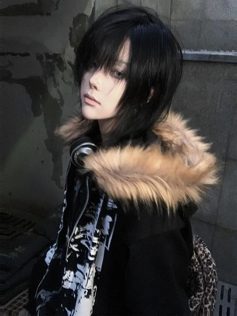 

Streetwear Vintage Harajuku Gothic Print Hooded Sweatshirt Coat Aesthetic Slim Jacket Y2k Fur Patchwork Grunge Hoodies Women
