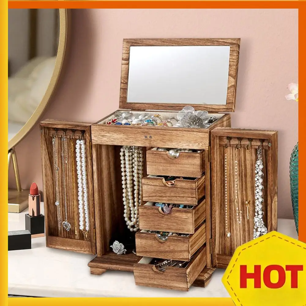 

Деревянная шкатулка для украшений с ящиками и зеркалом, винтажный органайзер для хранения и демонстрации ювелирных изделий для туалетного столика
