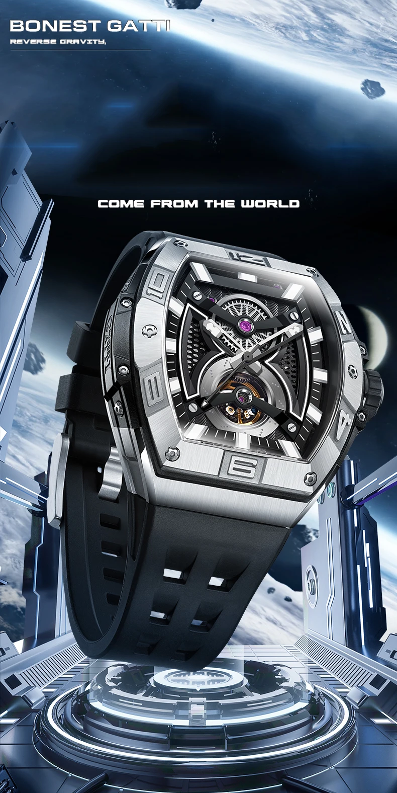 BONEST GATTI Men Automatic Watch Luxury Tonneau Mechanical Wristwatch Fashion Waterproof Sapphire Luminous Fluororubber Strap