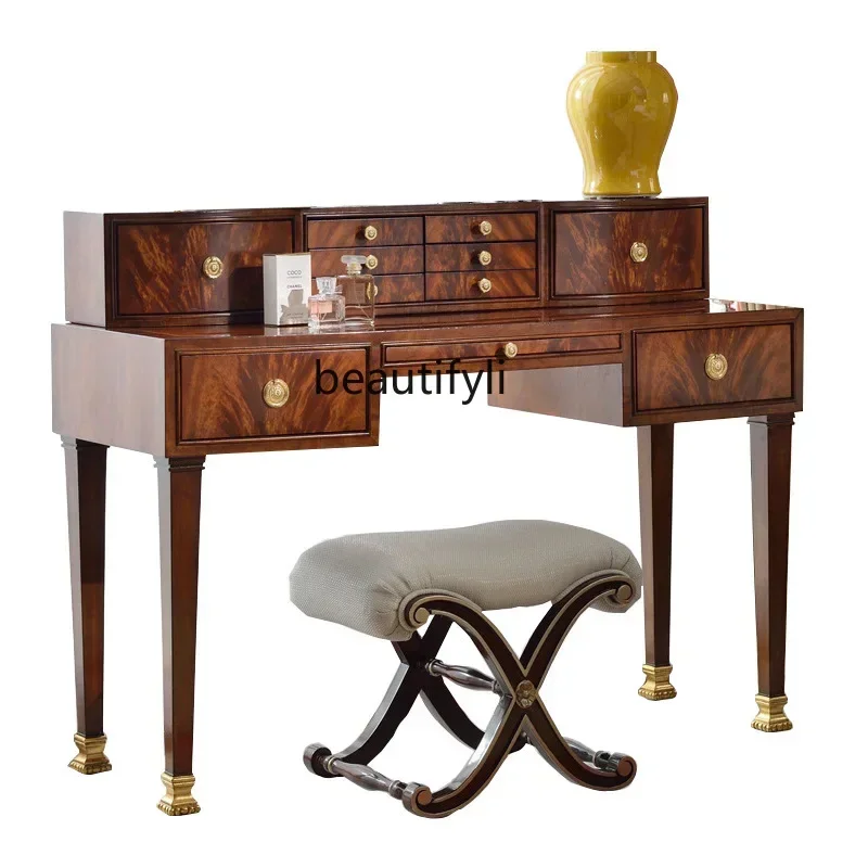 03.European solid wood dresser British neoclassical dressing table dressing stool mahogany furniture