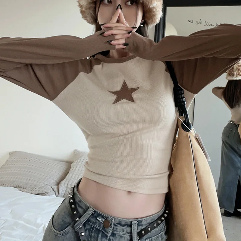 Women Vintage y2k Star Graphic Crop Tops O-neck Long sleeved T-shirt Grunge Streetwear Harajuku Aesthetic Splicing T-shirts