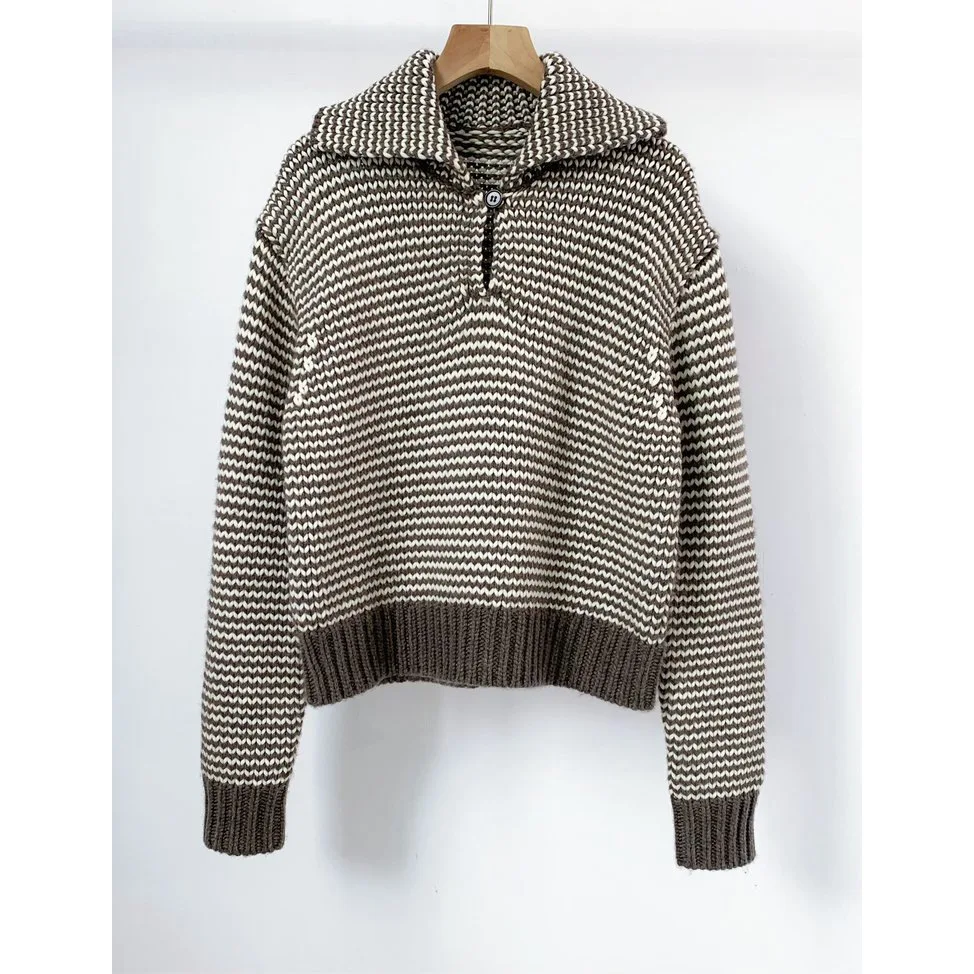 Women's 2026 Autumn Winter New Half Open Button Wavy Striped Knitted Sweater Collar Pullover Sweater