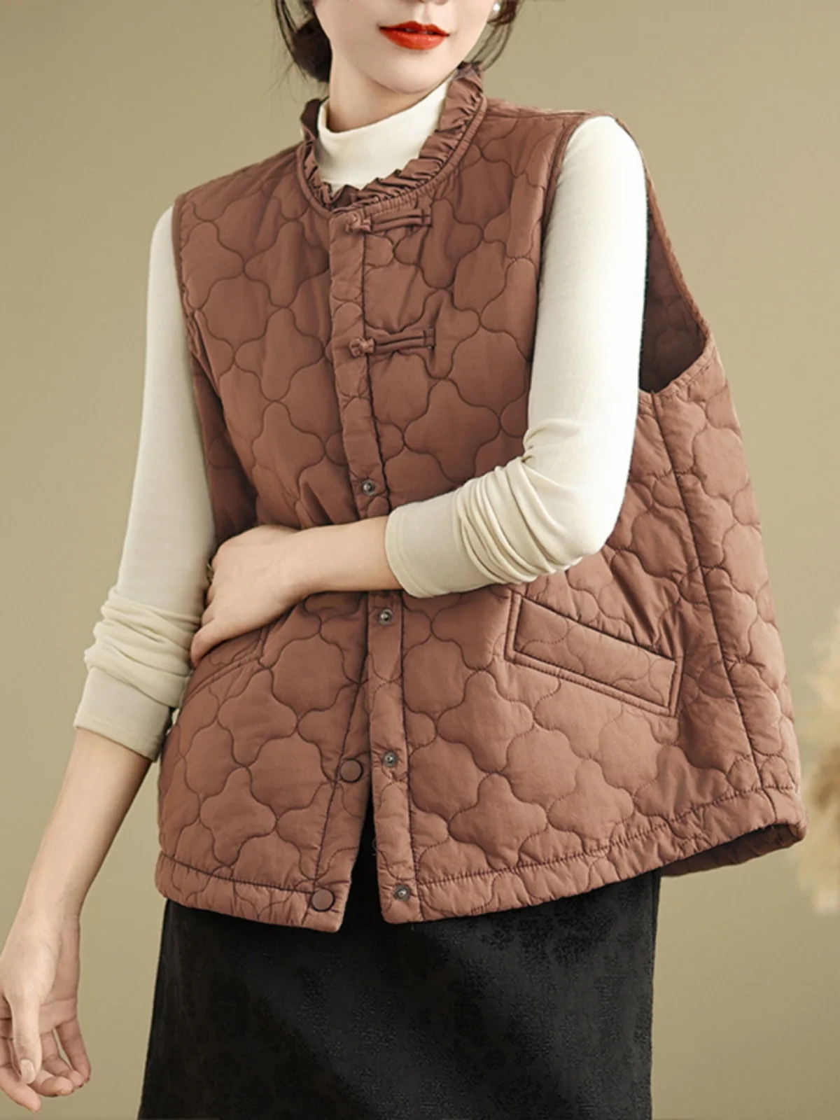 

Retro Geometric Cotton Vest Women's Lightweight Svel ort Coat Warm Autumn Winter Faion round Ne Single Button Clo...