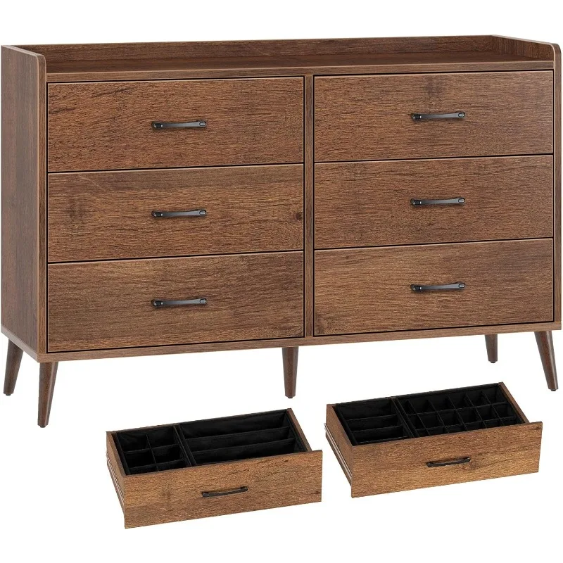 Drawer Dresser Quick Install,6 Wooden Drawers Storage Dresser Set Foldable Drawer Dividers,Mid Century Rustic Chest of Drawer