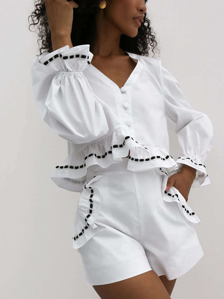 Marthaqiqi Cotton Female Nightgown Suit Long Sleeve Pajamas V-Neck Nightie Crop Top Nightwear Shorts Casual Women Sleepwear Set