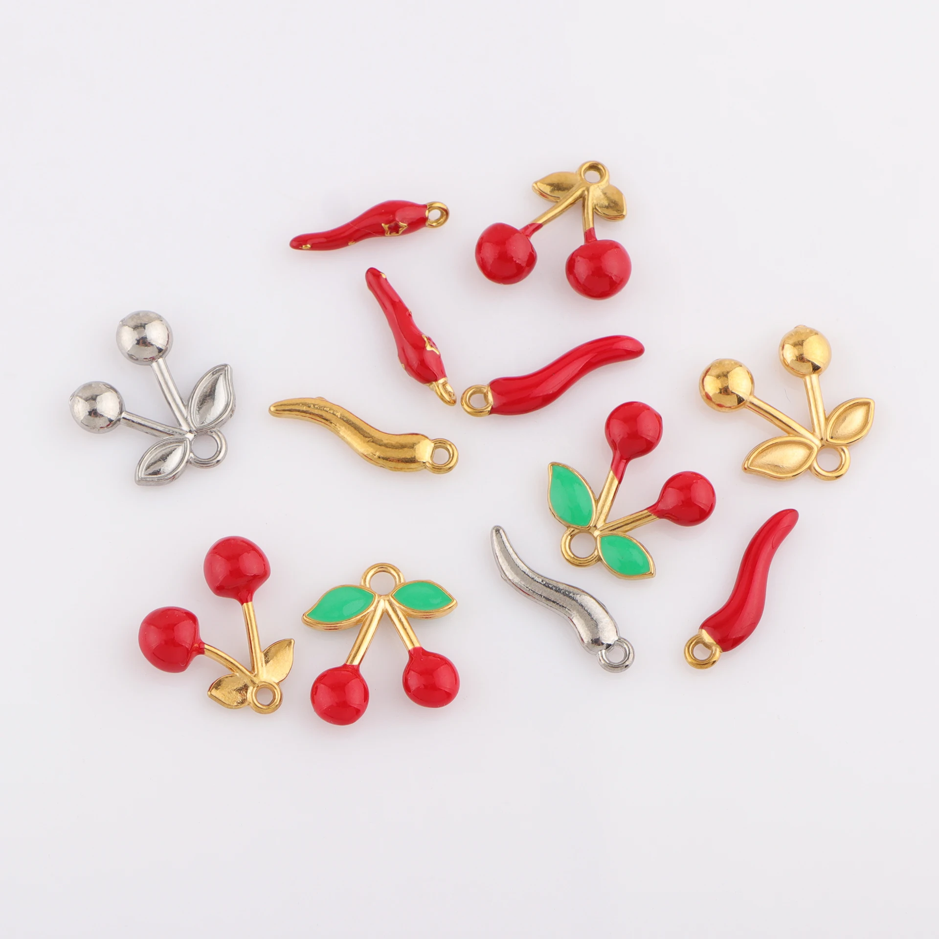 5pcs/lot Stainless Steel Pepper Cherry Charms Red Pepper And Cherry Pendant for DIY Jewelry Making Accessories