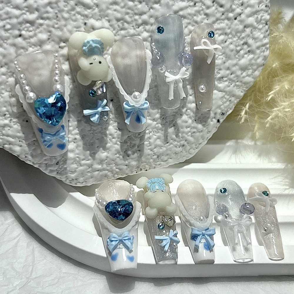귀여운 3D 블루 베이비 베어 프랑스 핸드메이드 프레스온 네일 카와이 인형 롱 네일 아트 보우 펄 하트 글리터 네일 아트 소녀 선물