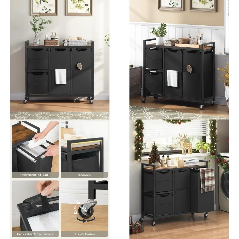 

4-секционная корзина для белья на колесиках на 39 галлонов со съемными сумками, полкой и боковыми карманами в деревенском коричневом и черном цвете