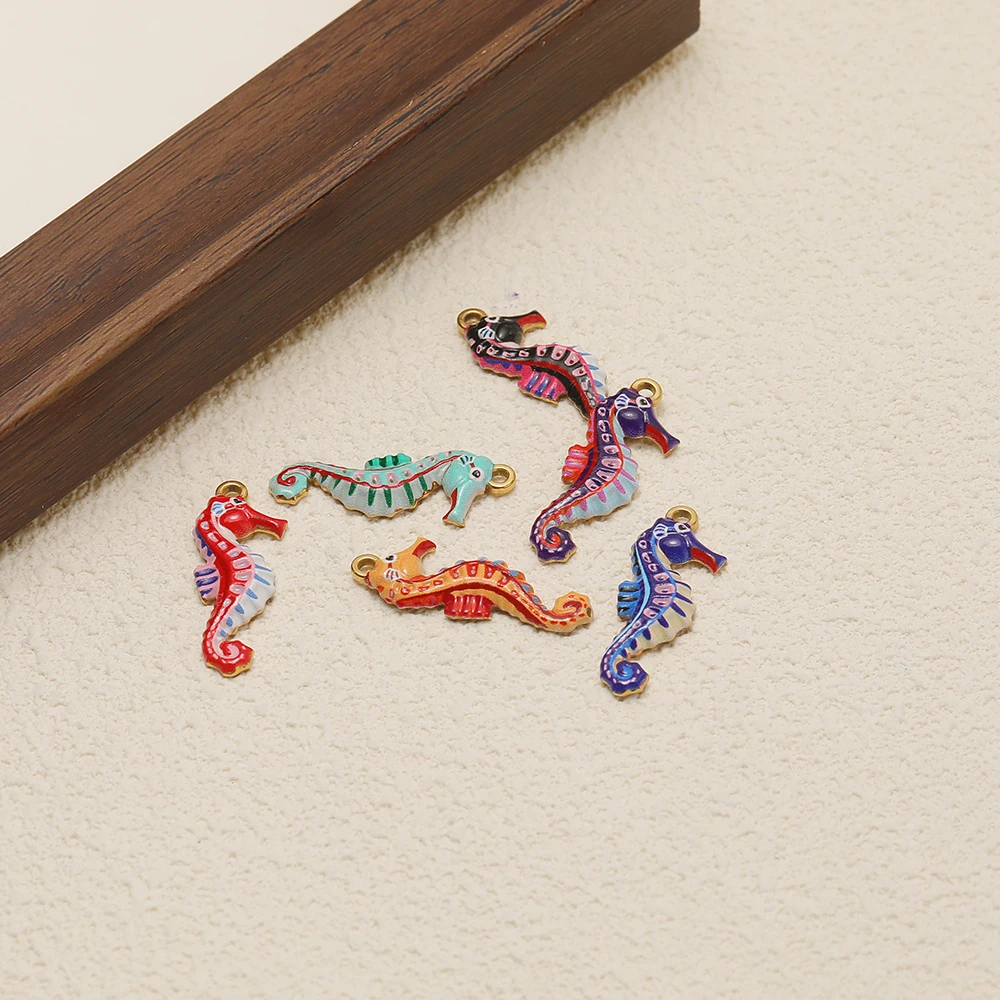 4 Stück Edelstahl-Emaille-Seepferdchen-Anhänger für DIY-Schmuckherstellung im Ozean-Stil, Zubehör für Kinderarmbänder und Ohrringe – Detail 3