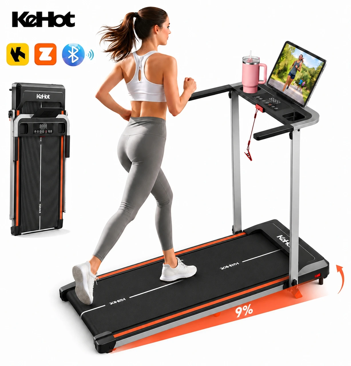 Tapis de course pliable 2 en 1 pour la marche et la course, moteur DCMotor de 2,0 CV, vitesse réglable de 1 à 12 km/h, panneau d'affichage multifonction LED, 12 programmes prédéfinis + système audio, 3 modes d'entraînement, équipement de gym compact pour la maison