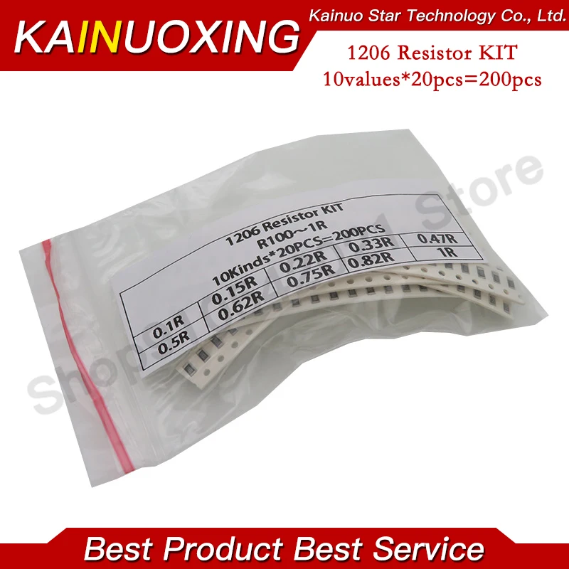 Kit surtido de resistencias SMD, 200, 1%, 10 valueX20pcs = 1206 Uds., 1R00, R820, R750, R620, R500, R470, R330, R220, R150, R100