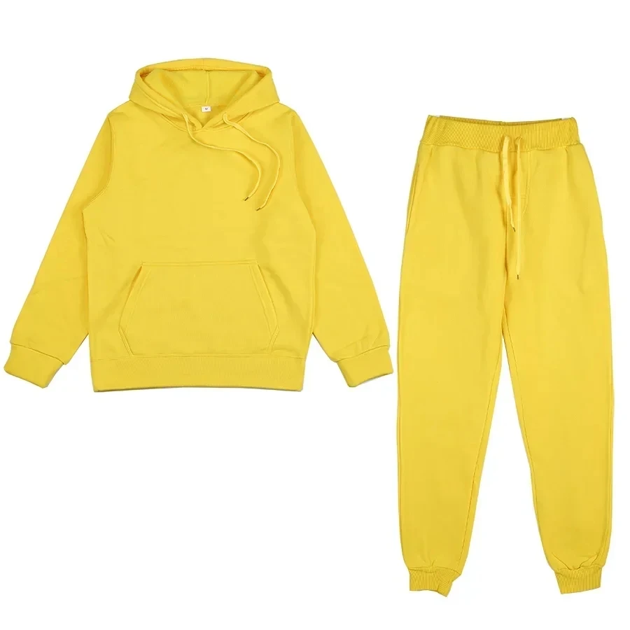 Men Women Tracksuit Hoodies Casual Solid Color Thick Pullover and Long Pant 2-piece Set Men Autumn Fleece Jogger Sports Suit Ne image 6