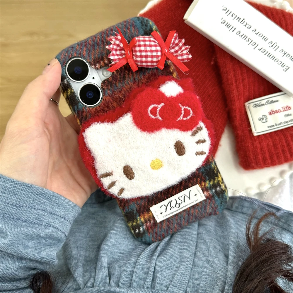 Creative Cute 3D Hello Kitty Soft Candy Color Phone Case For iPhone 16 15 14 Pro Max 13 12 Girl Warm Fur Fluffy Cover For Winter