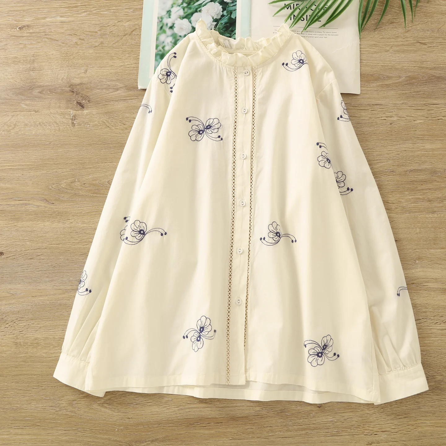 

Одежда в корейском стиле, офисная одежда, женские топы с длинными рукавами, 100% хлопок, воротник-стойка, рубашки и блузки с цветочной вышивкой