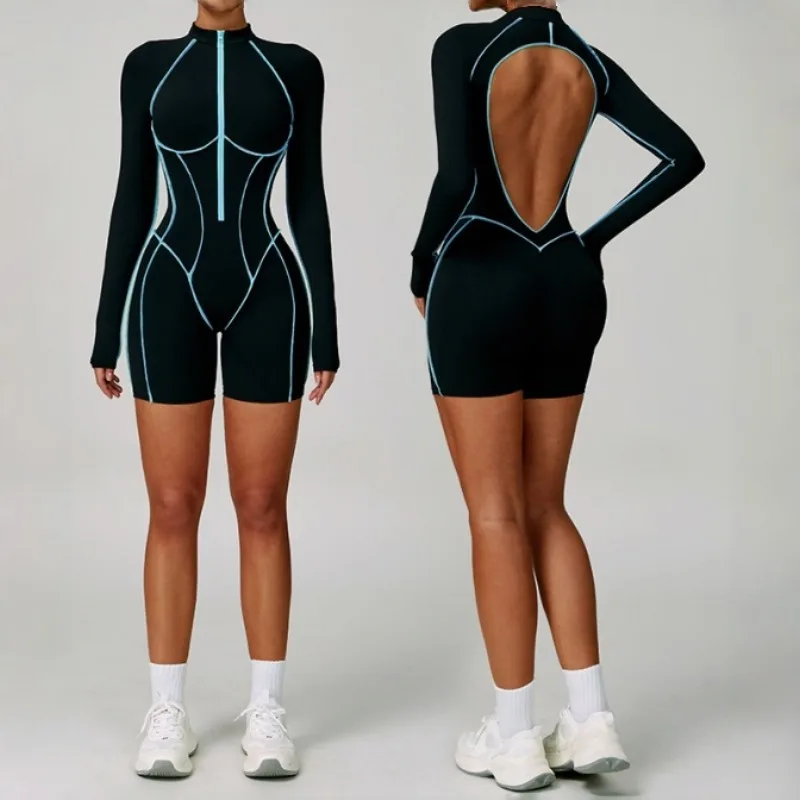 

Женская контрастная одежда для йоги с открытой спиной, облегающая одежда для фитнеса, спортивный комбинезон высокой интенсивности для отдыха на открытом воздухе