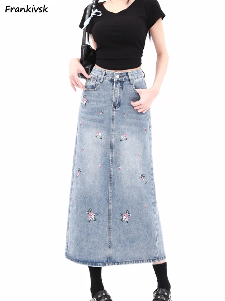 Röcke Frauen Mode Denim Vintage Stickerei gewaschen Farbverlauf Farbe lose Streetwear koreanischen Stil jugendliche charmante Schulmädchen