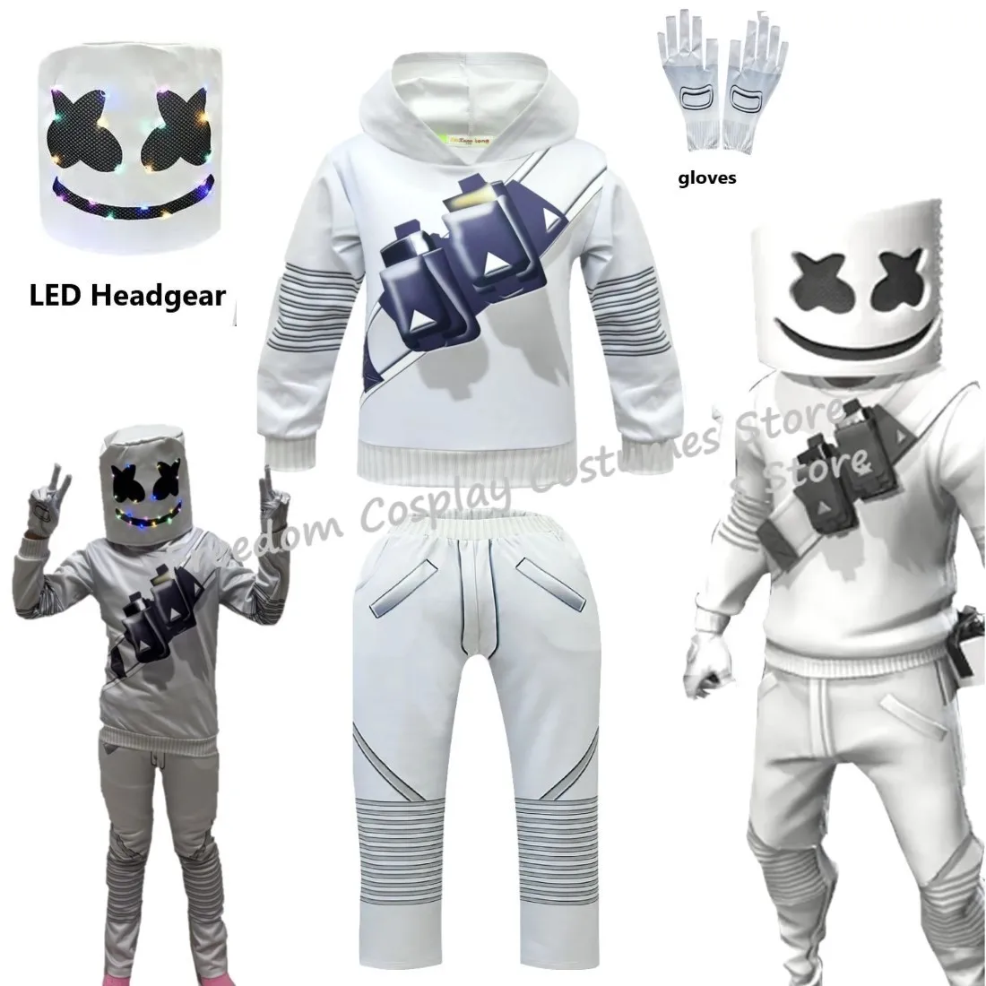 

Детский костюм электронной звуковой певицы DJ Marshmello для мальчиков и девочек на Хэллоуин, Рождество, карнавальный костюм для вечеринки, светодиодная маска, костюм с капюшоном Gif